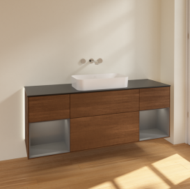 Тумба под раковину Villeroy & Boch Finion 160х50,1 см с подсветкой МДФ шпон грецкого ореха/стекло черное матовое G742GKGN