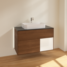 Тумба под раковину Villeroy & Boch Finion 100х50,1 см с подсветкой МДФ шпон грецкого ореха/стекло черное матовое G372MTGN