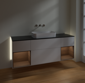 Тумба под раковину Villeroy & Boch Finion 160х50,1 см с подсветкой МДФ глянцевый белый лак/стекло черное матовое G742GNGF