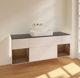 Тумба под раковину Villeroy & Boch Finion 160х50,1 см с подсветкой МДФ глянцевый белый лак/стекло черное матовое G742GNGF