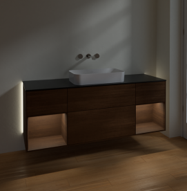 Тумба під раковину Villeroy & Boch Finion 160х50,1 см із підсвічуванням МДФ шпон волоського горіха/скло чорне матове G742GNGN