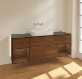 Тумба під раковину Villeroy & Boch Finion 160х50,1 см із підсвічуванням МДФ шпон волоського горіха/скло чорне матове G742GNGN