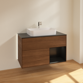 Тумба под раковину Villeroy & Boch Finion 100х50,1 см с подсветкой МДФ шпон грецкого ореха/стекло черное матовое G372PDGN