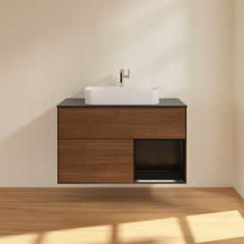 Тумба под раковину Villeroy & Boch Finion 100х50,1 см с подсветкой МДФ шпон грецкого ореха/стекло черное матовое G372PDGN