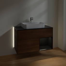 Тумба под раковину Villeroy & Boch Finion 100х50,1 см с подсветкой МДФ шпон грецкого ореха/стекло черное матовое G372PDGN