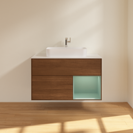 Тумба под раковину Villeroy & Boch Finion 100х50,1 см с подсветкой МДФ шпон грецкого ореха/стекло белое матовое G371GMGN