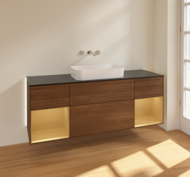 Тумба под раковину Villeroy & Boch Finion 160х50,1 см с подсветкой МДФ шпон грецкого ореха/стекло черное матовое G742HFGN