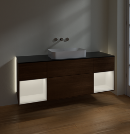 Тумба під раковину Villeroy & Boch Finion 160х50,1 см із підсвічуванням МДФ шпон волоського горіха/скло чорне матове G742MTGN