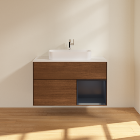 Тумба под раковину Villeroy & Boch Finion 100х50,1 см с подсветкой МДФ шпон грецкого ореха/стекло белое матовое G371HGGN