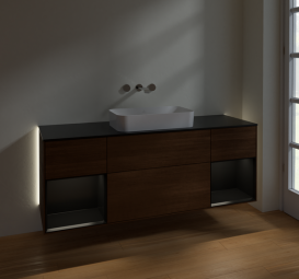 Тумба під раковину Villeroy & Boch Finion 160х50,1 см із підсвічуванням МДФ шпон волоського горіха/скло чорне матове G742PDGN