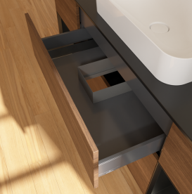 Тумба під раковину Villeroy & Boch Finion 160х50,1 см із підсвічуванням МДФ шпон волоського горіха/скло чорне матове G742PDGN