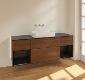 Тумба під раковину Villeroy & Boch Finion 160х50,1 см із підсвічуванням МДФ шпон волоського горіха/скло чорне матове G742PDGN