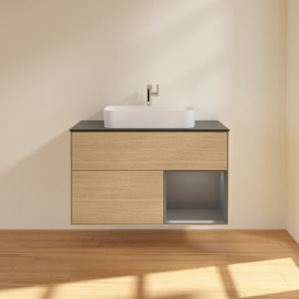 Тумба под раковину Villeroy & Boch Finion 100х50,1 см с подсветкой МДФ шпон дуба/стекло черное матовое G372GKPC