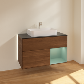Тумба под раковину Villeroy & Boch Finion 100х50,1 см с подсветкой МДФ шпон грецкого ореха/стекло черное матовое G372GMGN