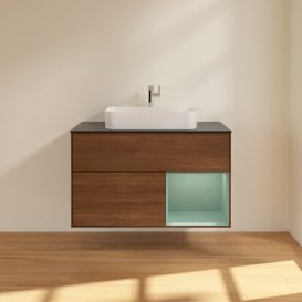 Тумба под раковину Villeroy & Boch Finion 100х50,1 см с подсветкой МДФ шпон грецкого ореха/стекло черное матовое G372GMGN