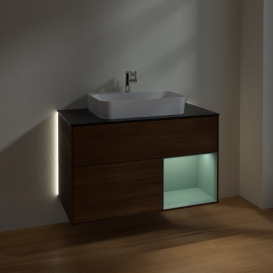 Тумба под раковину Villeroy & Boch Finion 100х50,1 см с подсветкой МДФ шпон грецкого ореха/стекло черное матовое G372GMGN