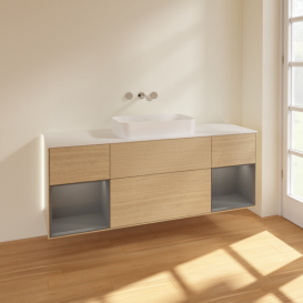 Тумба під раковину Villeroy & Boch Finion 160х50,1 см із підсвічуванням МДФ шпон дуба/скло біле матове G741GKPC