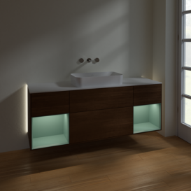 Тумба под раковину Villeroy & Boch Finion 160х50,1 см с подсветкой МДФ шпон грецкого ореха/стекло белое матовое G741GMGN