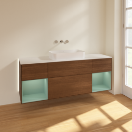 Тумба под раковину Villeroy & Boch Finion 160х50,1 см с подсветкой МДФ шпон грецкого ореха/стекло белое матовое G741GMGN