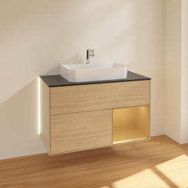 Тумба под раковину Villeroy & Boch Finion 100х50,1 см с подсветкой МДФ шпон дуба/стекло черное матовое G372HFPC