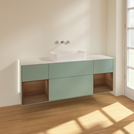 Тумба під раковину Villeroy & Boch Finion 160х50,1 см із підсвічуванням МДФ оливковий матовий лак/скло біле матове G741GNGM