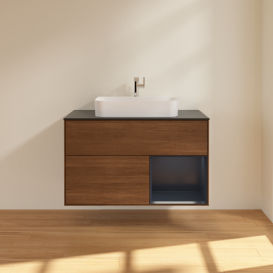 Тумба под раковину Villeroy & Boch Finion 100х50,1 см с подсветкой МДФ шпон грецкого ореха/стекло черное матовое G372HGGN