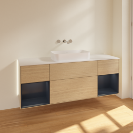 Тумба під раковину Villeroy & Boch Finion 160х50,1 см із підсвічуванням МДФ шпон дуба/скло біле матове G741HGPC