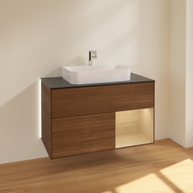 Тумба під раковину Villeroy & Boch Finion 100х50,1 см із підсвічуванням МДФ шпон волоського горіха/скло чорне матове G372PCGN