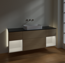 Тумба під раковину Villeroy & Boch Finion 160х50,1 см із підсвічуванням МДФ шпон дуба/скло чорне матове G742GFPC