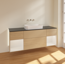 Тумба під раковину Villeroy & Boch Finion 160х50,1 см із підсвічуванням МДФ шпон дуба/скло чорне матове G742GFPC