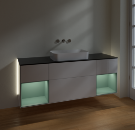 Тумба под раковину Villeroy & Boch Finion 160х50,1 см с подсветкой МДФ глянцевый белый лак/стекло черное матовое G742GMGF