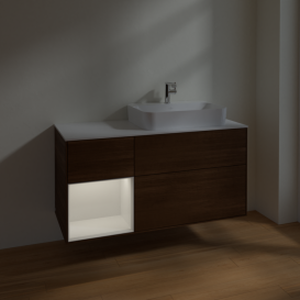 Тумба под раковину Villeroy & Boch Finion 120х50,1 см с подсветкой МДФ шпон грецкого ореха/стекло белое матовое F391GFGN