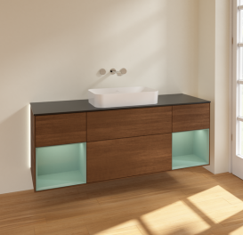 Тумба под раковину Villeroy & Boch Finion 160х50,1 см с подсветкой МДФ шпон грецкого ореха/стекло черное матовое G742GMGN