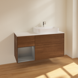 Тумба под раковину Villeroy & Boch Finion 120х50,1 см с подсветкой МДФ шпон грецкого ореха/стекло белое матовое F391GKGN