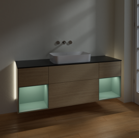 Тумба под раковину Villeroy & Boch Finion 160х50,1 см с подсветкой МДФ шпон дуба/стекло черное матовое G742GMPC