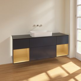 Тумба под раковину Villeroy & Boch Finion 160х50,1 см с подсветкой МДФ темно-синий матовый лак/стекло черное матовое G742HFHG