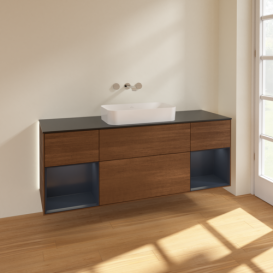 Тумба под раковину Villeroy & Boch Finion 160х50,1 см с подсветкой МДФ шпон грецкого ореха/стекло черное матовое G742HGGN