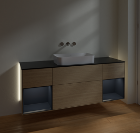 Тумба під раковину Villeroy & Boch Finion 160х50,1 см із підсвічуванням МДФ шпон дуба/скло чорне матове G742HGPC