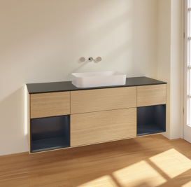 Тумба під раковину Villeroy & Boch Finion 160х50,1 см із підсвічуванням МДФ шпон дуба/скло чорне матове G742HGPC