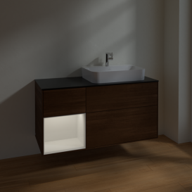 Тумба под раковину Villeroy & Boch Finion 120х50,1 см с подсветкой МДФ шпон грецкого ореха/стекло черное матовое F392GFGN