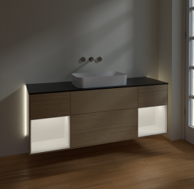 Тумба под раковину Villeroy & Boch Finion 160х50,1 см с подсветкой МДФ шпон дуба/стекло черное матовое G742MTPC