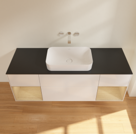 Тумба под раковину Villeroy & Boch Finion 160х50,1 см с подсветкой МДФ глянцевый белый лак/стекло черное матовое G742PCGF