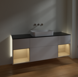 Тумба под раковину Villeroy & Boch Finion 160х50,1 см с подсветкой МДФ глянцевый белый лак/стекло черное матовое G742PCGF