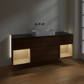 Тумба под раковину Villeroy & Boch Finion 160х50,1 см с подсветкой МДФ шпон грецкого ореха/стекло черное матовое G742PCGN