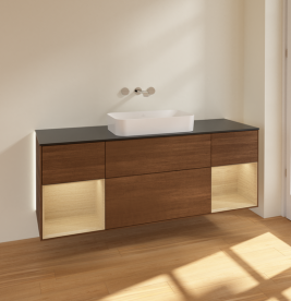 Тумба под раковину Villeroy & Boch Finion 160х50,1 см с подсветкой МДФ шпон грецкого ореха/стекло черное матовое G742PCGN