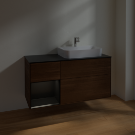 Тумба под раковину Villeroy & Boch Finion 120х50,1 см с подсветкой МДФ шпон грецкого ореха/стекло черное матовое F392PDGN