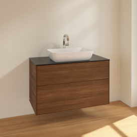 Тумба под раковину Villeroy & Boch Finion 100х50,1 см МДФ шпон грецкого ореха/стекло черное матовое F76200GN