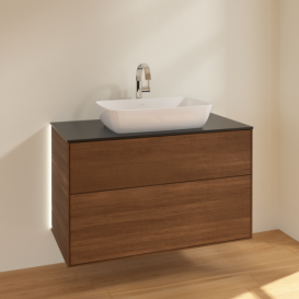 Тумба под раковину Villeroy & Boch Finion 100х50,1 см с подсветкой МДФ шпон грецкого ореха/стекло черное матовое G76200GN