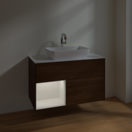 Тумба под раковину Villeroy & Boch Finion 100х50,1 см с подсветкой МДФ шпон грецкого ореха/стекло белое матовое F771GFGN