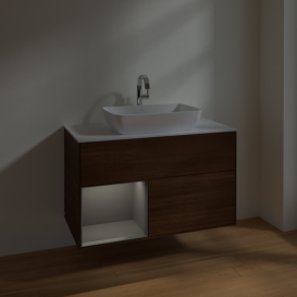 Тумба под раковину Villeroy & Boch Finion 100х50,1 см с подсветкой МДФ шпон грецкого ореха/стекло белое матовое F771GKGN